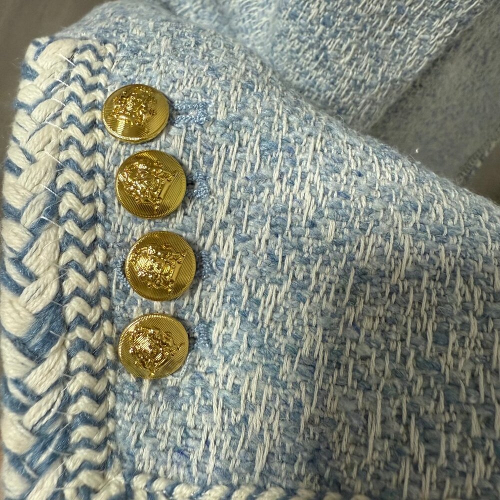 CELINE  baby blue white wool cotton boucle tweed trim jacket - Picture 5 of 9